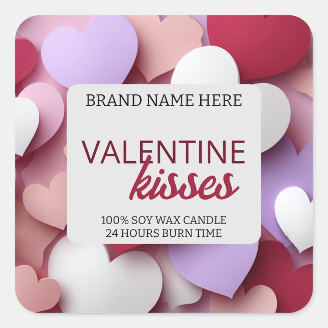 Adesivo Quadrado Pastel Kisses Love Candle Label Editable Template (Frente)