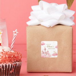 Adesivo Quadrado Pastel Pink Castle Princess Birthday Girl