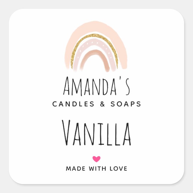 Adesivo Quadrado Pastel Pink & Faux Glitter Rainbow Candle Business (Frente)