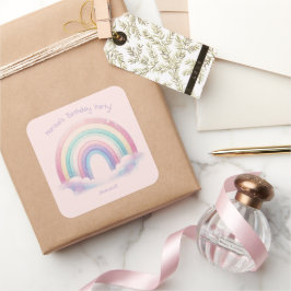 Adesivo Quadrado Pastel Rainbow Birthday Party Square Stickers