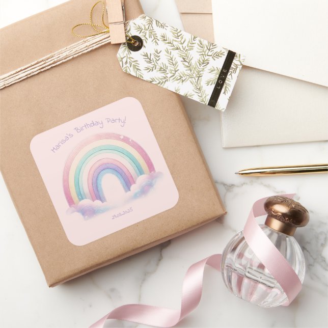 Adesivo Quadrado Pastel Rainbow Birthday Party Square Stickers (Presentear)
