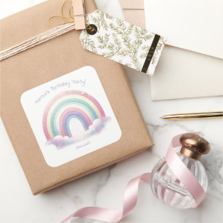 Adesivo Quadrado Pastel Rainbow Birthday Party Square Stickers