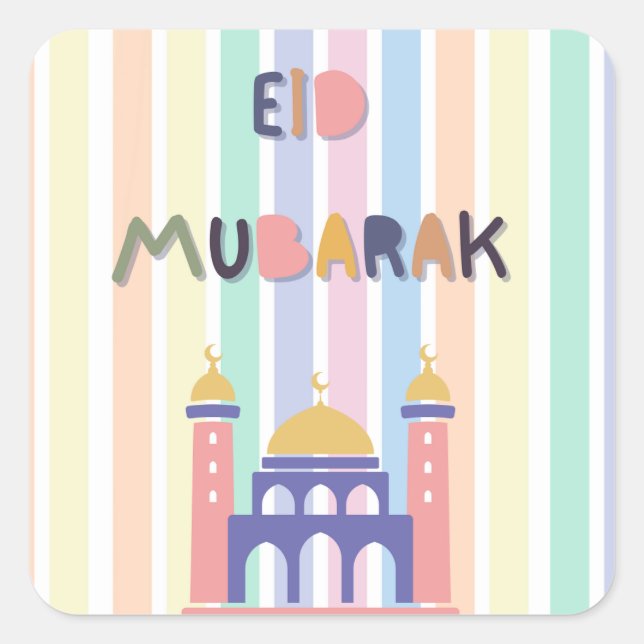Adesivo Quadrado Pastel Rainbow Eid Mubarak Eid Gift (Frente)