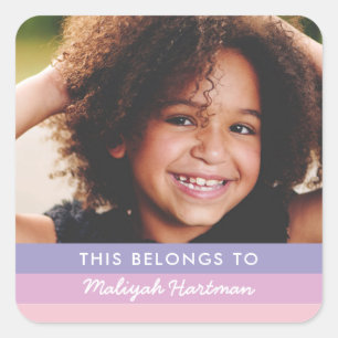 Adesivo Quadrado Pastel Stripes Cute Script Nome Crianças Roxo Esco