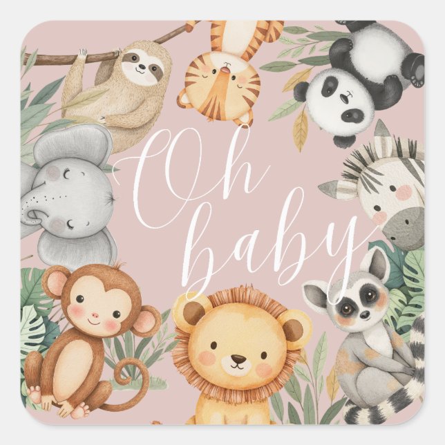 Adesivo Quadrado Pastel Tropical chá de fraldas Selle Safari Animai (Frente)