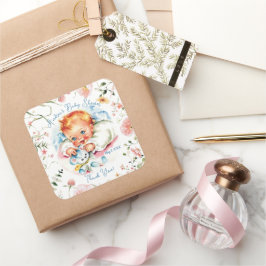 Adesivo Quadrado Pastel Vintage Baby Girl Baby Shower Paper Plate