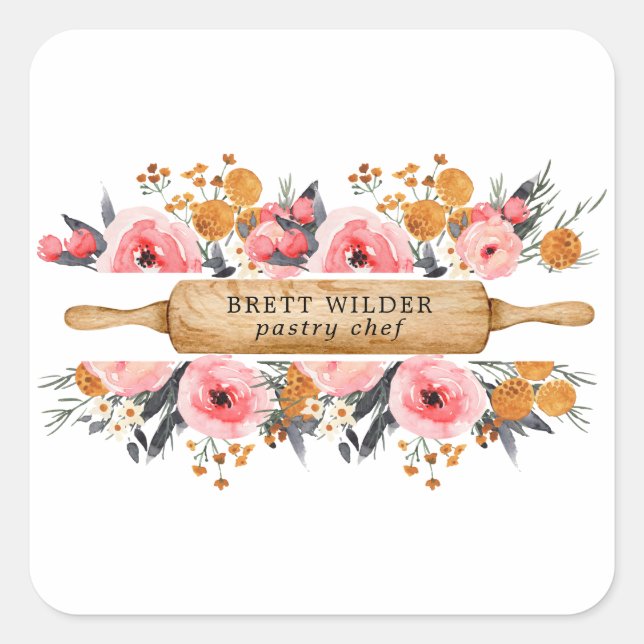 Adesivo Quadrado Pastelaria Cox Rolling Pin Floral (Frente)