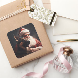 Adesivo Quadrado Pastor Alemão Com Papai Noel Natal Festivo