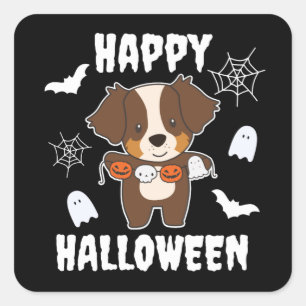 Adesivo Quadrado Pastor Australiano Feliz Cachorro de Halloween Sq