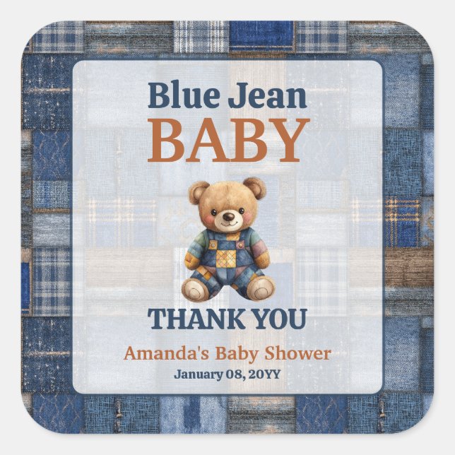 Adesivo Quadrado Patchwork Western Denim Bear Blue Jean Baby Shower (Frente)