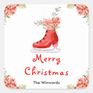 Adesivo Quadrado Patins de Gelo Florais Vermelho Feliz Natal
