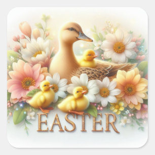 Adesivo Quadrado Pato de páscoa, Patos e Flores Envelope Selo