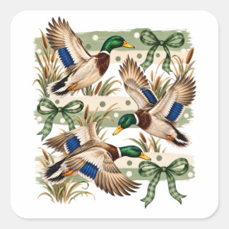 Adesivo Quadrado Pato Mallard Vintage Voador de Aves Aquáticas Prép