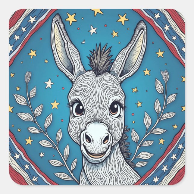 Adesivo Quadrado Patriotic Blue Donkey Illustration (Frente)