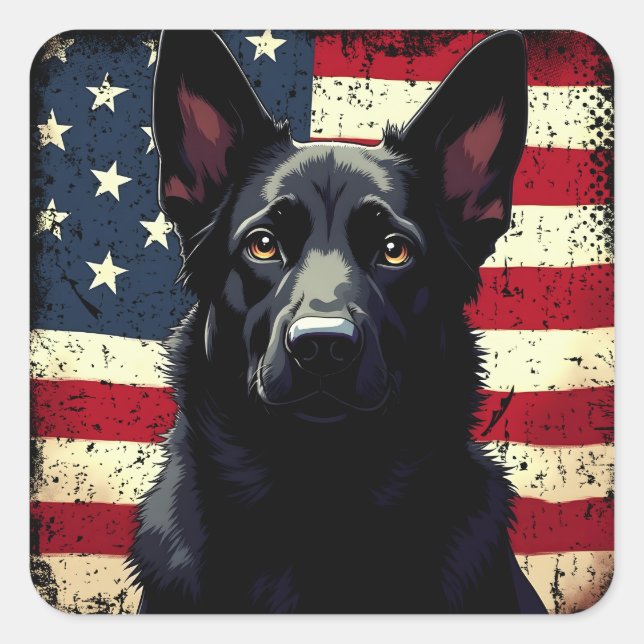 Adesivo Quadrado Patriótico German shepherd Negro EUA Bandeira Amer (Frente)