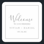 Adesivo Quadrado Pau de boas-vindas do Casamento Silver Minimalista<br><div class="desc">Esses adesivos minimalistas de boas-vindas são perfeitos para um casamento simples. A design romântica moderna apresenta cinzas clássicas de prata e tipografia branca, pareadas com uma caligrafia rustica, mas elegante, com estilo antigo, com letra de mão. Personalizável em qualquer cor. Mantenha o design simples e elegante, como está, ou personalize-o...</div>