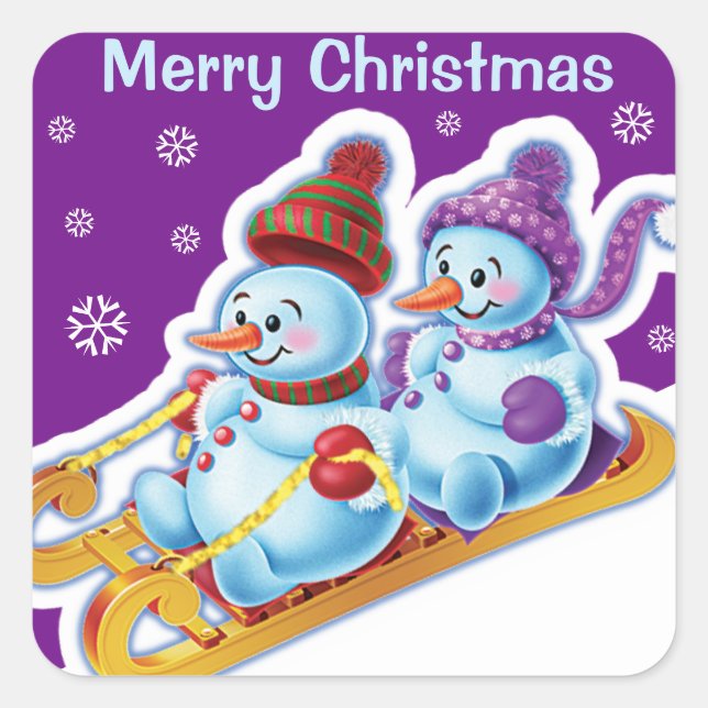 Adesivo Quadrado Pau de natal com vassoura-de-neve. (Frente)