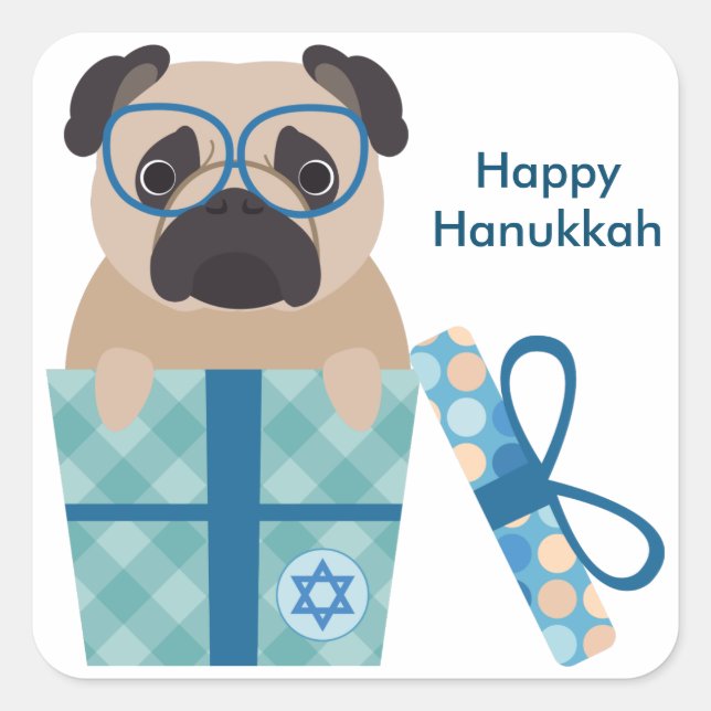 Adesivo Quadrado Pau de Pug Feliz Hanukkah (Frente)