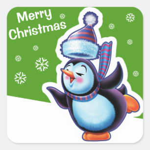 Adesivo Quadrado Pau verde de Natal Pinguim patinando.