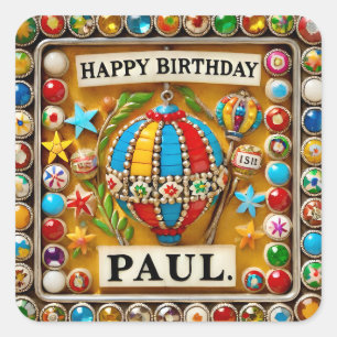 Adesivo Quadrado PAUL ~ FELIZ ANIVERSÁRIO ~ Balão de Ar Quente ~