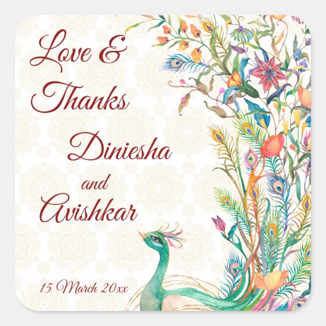 Adesivo Quadrado Pavão árabe padrão árabe presente de casamento ind (Frente)