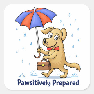 Adesivo Quadrado Pawsitively Prepared – Cute Dog with Umbrella