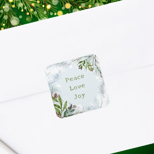 Adesivo Quadrado Paz, Amor, Alegria Folhagem de Pinheiro de Natal R