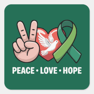 Adesivo Quadrado Paz Amor Esperança - Fita Verde de Conscientização