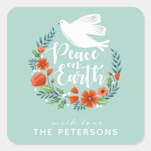 Adesivo Quadrado Paz Personalizada da Pomba Branca no Natal da Terr