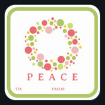 Adesivo Quadrado PEACE Christmas label red border<br><div class="desc">Coordenadas de etiquetas PEACE com papel embrulho de presente e fita de papel.</div>