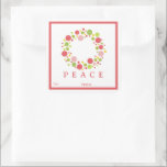 Adesivo Quadrado PEACE Christmas label red border<br><div class="desc">Coordenadas de etiquetas PEACE com papel embrulho de presente e fita de papel.</div>