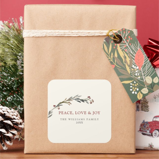 Adesivo Quadrado Peace Love and Joy Red Berries Greenery Holiday (Feriado)