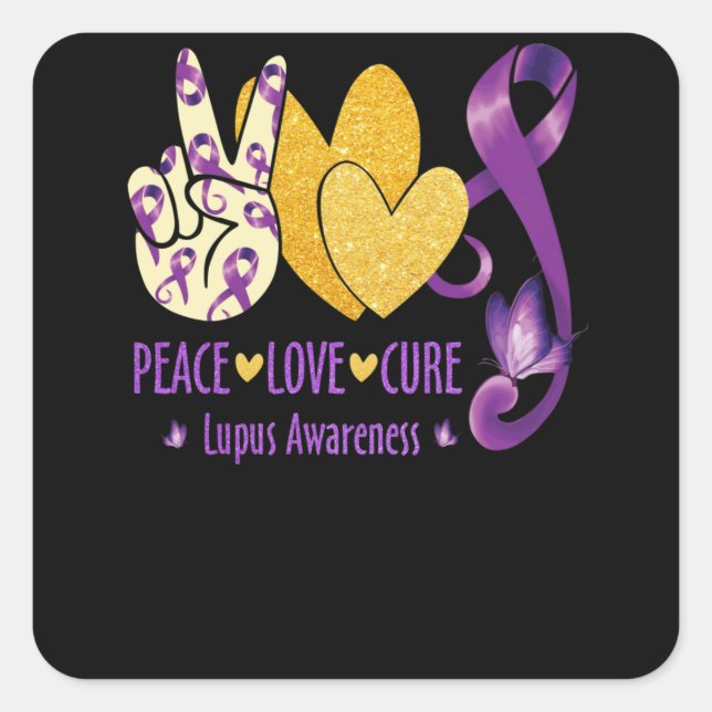 Adesivo Quadrado Peace  Love  Cure Lupus Awareness Purple (Frente)