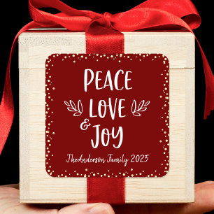 Adesivo Quadrado Peace Love Joy Citação Vermelha Personalizada