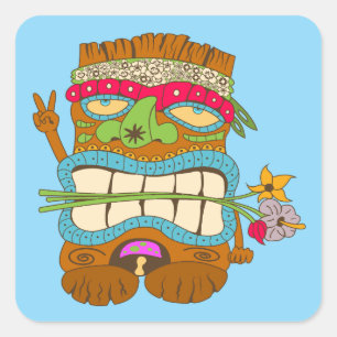 Adesivo Quadrado Peace Lover Tiki, Floral Hippie, Funny Blue