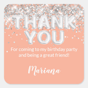 Adesivo Quadrado Peach e Silver Party Sticker para Favores