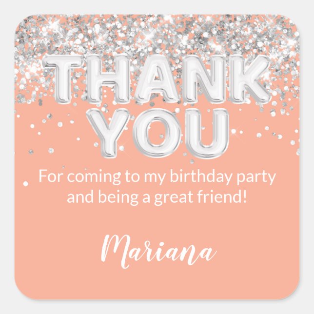 Adesivo Quadrado Peach e Silver Party Sticker para Favores (Frente)