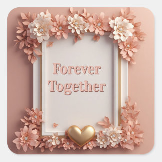 Adesivo Quadrado 🌹 Peach Floral Wedding Decor With Gold Heart ✨