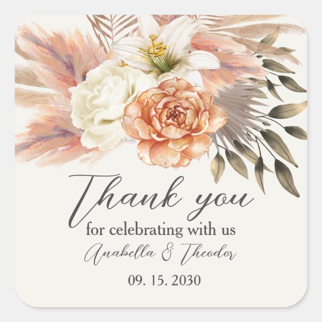 Adesivo Quadrado Peach Floral Weding Elegante Obrigado Sticker (Frente)