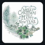 Adesivo Quadrado Peacock Feather Succult Merry Christmas Sticker<br><div class="desc">Belos adesivos de férias que não são tradicionais,  com penas e suculentos de pavão na lavanda,  azul-pavão e verde com texto tipográfico que diz Feliz Natal e Feliz ano novo! Temos os cartões com fotos de férias Peacock Feather Succulents,  etiquetas de endereço e selos de correio também!</div>