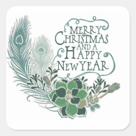 Adesivo Quadrado Peacock Feather Succult Merry Christmas Sticker