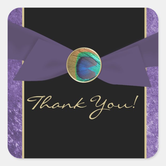 Adesivo Quadrado Peacock Feather Weding Favor Obrigado Stickers (Frente)