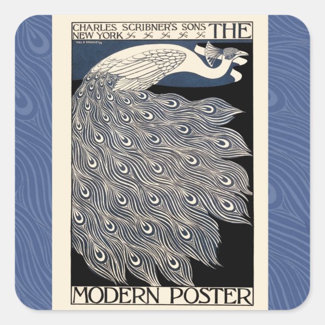 Adesivo Quadrado Peacock Vintage Blue Art Nouveau Art (Frente)