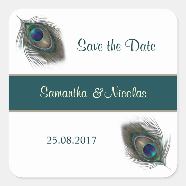 Adesivo Quadrado Peacok penas Vestido de Casamento Salvar Data (Frente)