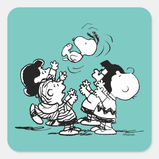 Adesivo Quadrado Peanuts Gang Levantando Esnoopia (Frente)
