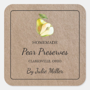 Adesivo Quadrado Pear Homemade Preserva Rótulo de Papel Kraft Quadr