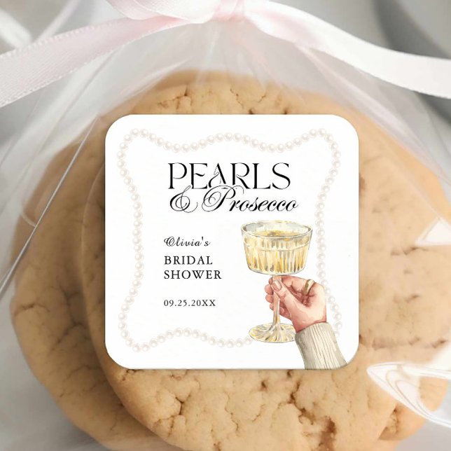 Adesivo Quadrado Pearls & Prosecco Elegant BrunChá de panela (Criador carregado)