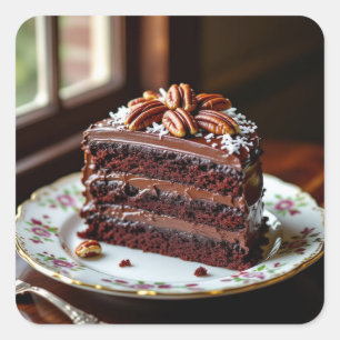 Adesivo Quadrado Pedaço de Bolo de Chocolate Alemão em um Prato Chi