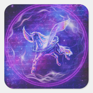 Adesivo Quadrado Pégaso Roxo Arte de Cavalo Alado Neon da Galáxia
