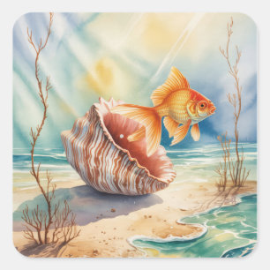 Adesivo Quadrado Peixe-dourado-aquarela-coral